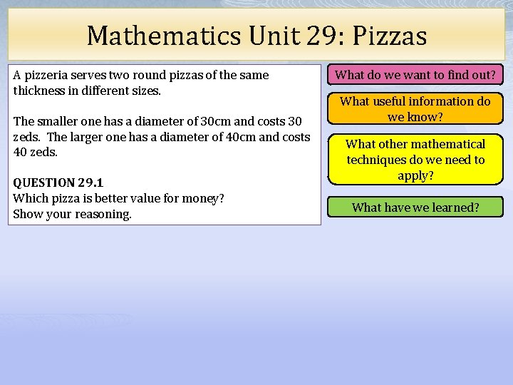 Mathematics Unit 29: Pizzas A pizzeria serves two round pizzas of the same thickness