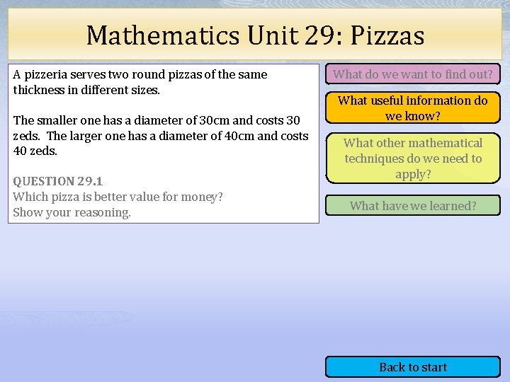 Mathematics Unit 29: Pizzas A pizzeria serves two round pizzas of the same thickness