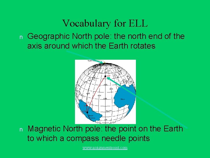 Vocabulary for ELL n Geographic North pole: the north end of the axis around