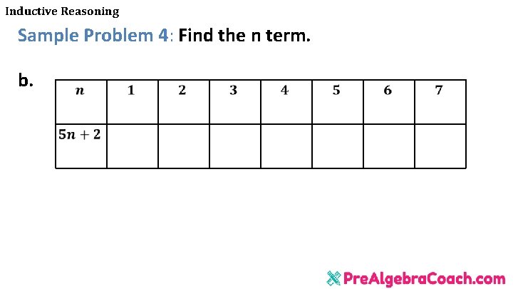 Inductive Reasoning Sample Problem 4: Find the n term. b. Inductive Reasoning Sample Problem 4: Find the n term. b.