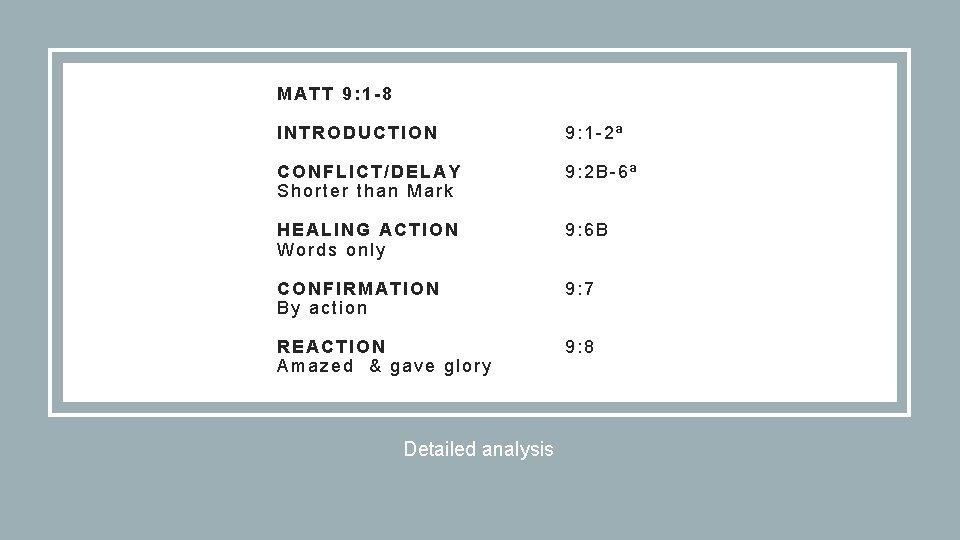 MATT 9: 1 -8 INTRODUCTION 9: 1 -2ª CONFLICT/DELAY Shorter than Mark 9: 2