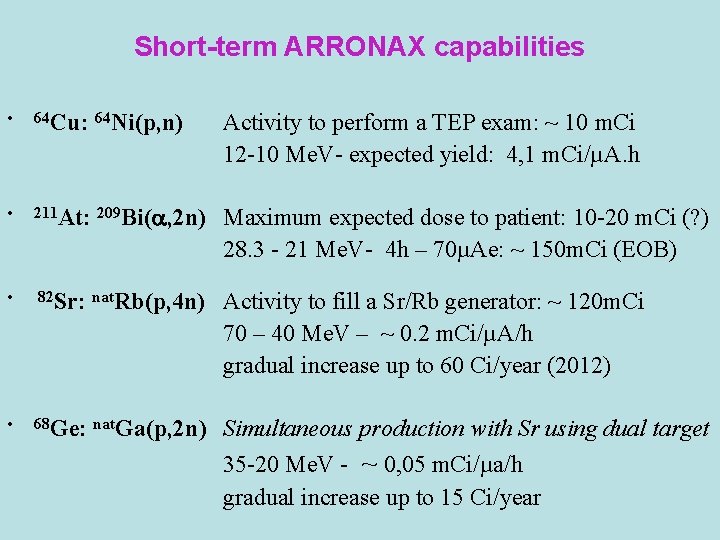Short-term ARRONAX capabilities • 64 Cu: 64 Ni(p, n) Activity to perform a TEP