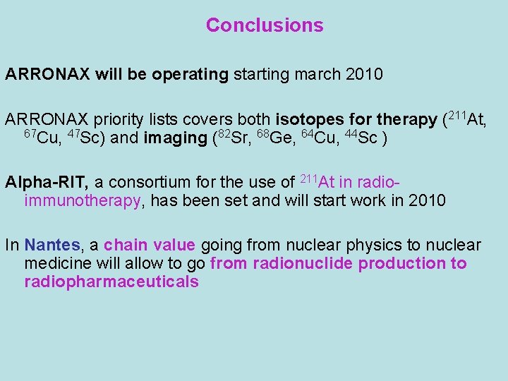 Conclusions ARRONAX will be operating starting march 2010 ARRONAX priority lists covers both isotopes