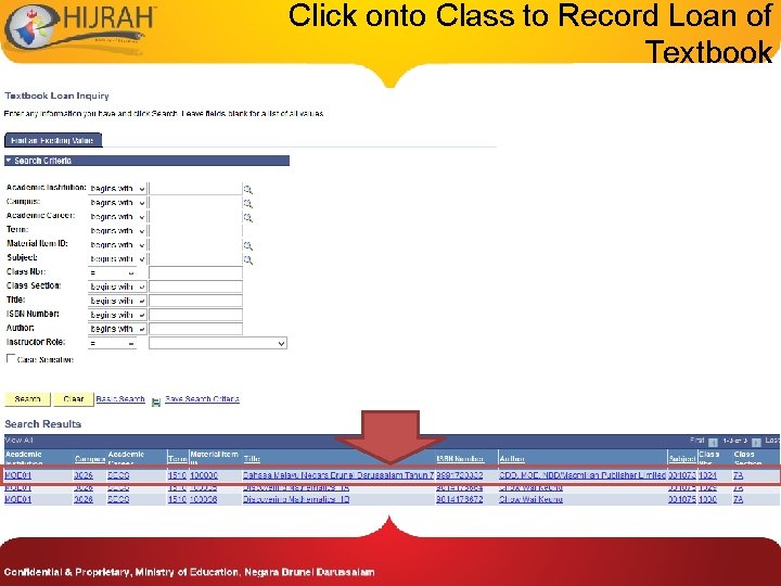 Click onto Class to Record Loan of Textbook 