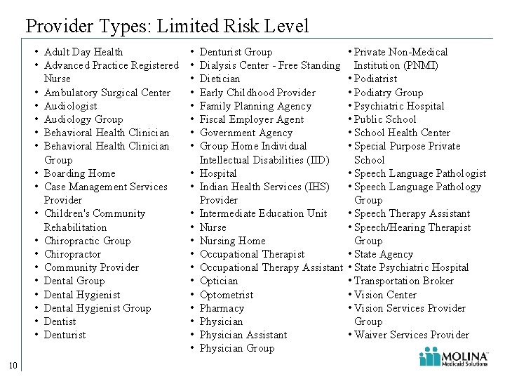 Provider Types: Limited Risk Level • Adult Day Health • Advanced Practice Registered Nurse Provider Types: Limited Risk Level • Adult Day Health • Advanced Practice Registered Nurse