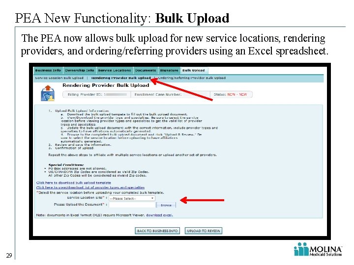 PEA New Functionality: Bulk Upload The PEA now allows bulk upload for new service PEA New Functionality: Bulk Upload The PEA now allows bulk upload for new service