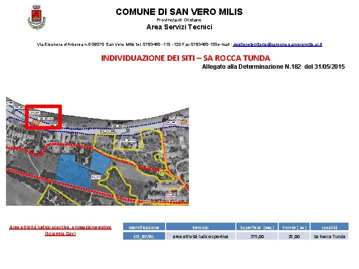 COMUNE DI SAN VERO MILIS Provincia di Oristano Area Servizi Tecnici Via Eleonora d’Arborea