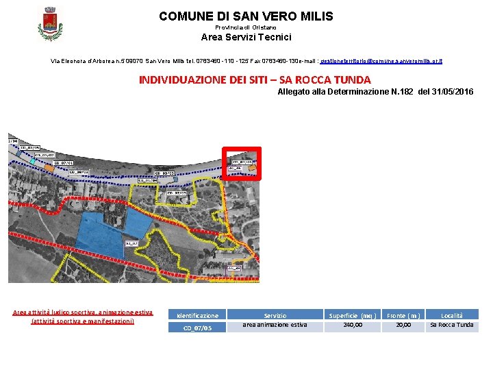 COMUNE DI SAN VERO MILIS Provincia di Oristano Area Servizi Tecnici Via Eleonora d’Arborea