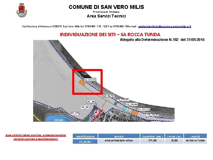 COMUNE DI SAN VERO MILIS Provincia di Oristano Area Servizi Tecnici Via Eleonora d’Arborea