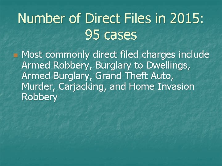 Number of Direct Files in 2015: 95 cases n Most commonly direct filed charges