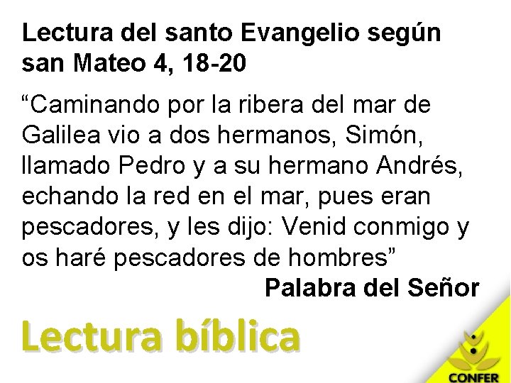 Lectura del santo Evangelio según san Mateo 4, 18 -20 “Caminando por la ribera