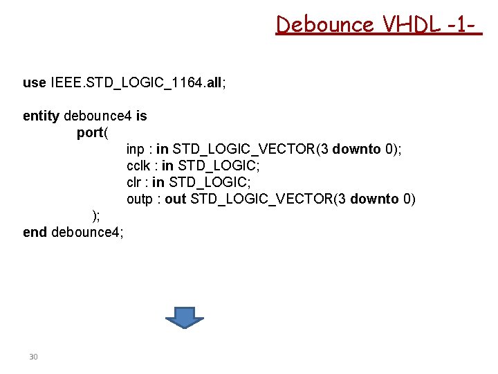 Debounce VHDL -1 use IEEE. STD_LOGIC_1164. all; entity debounce 4 is port( inp :