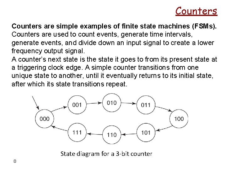 Counters are simple examples of finite state machines (FSMs). Counters are used to count