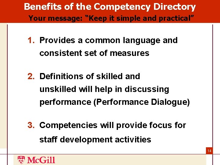 Benefits of the Competency Directory Your message: “Keep it simple and practical” 1. Provides Benefits of the Competency Directory Your message: “Keep it simple and practical” 1. Provides