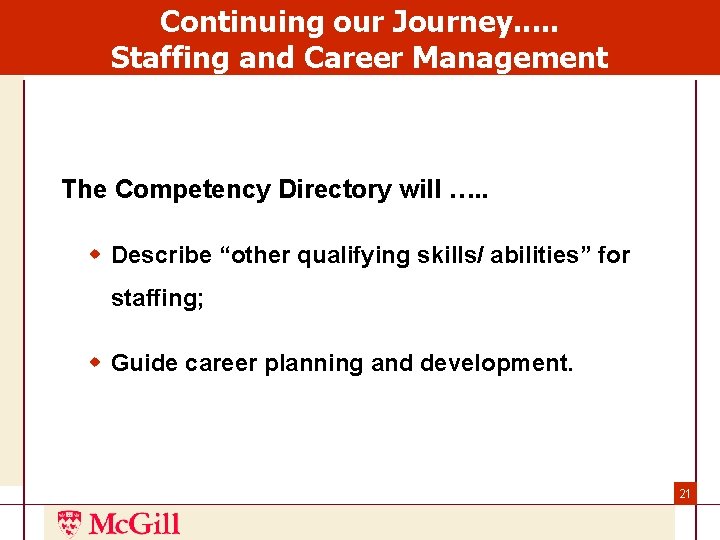 Continuing our Journey. . . Staffing and Career Management The Competency Directory will …. Continuing our Journey. . . Staffing and Career Management The Competency Directory will ….