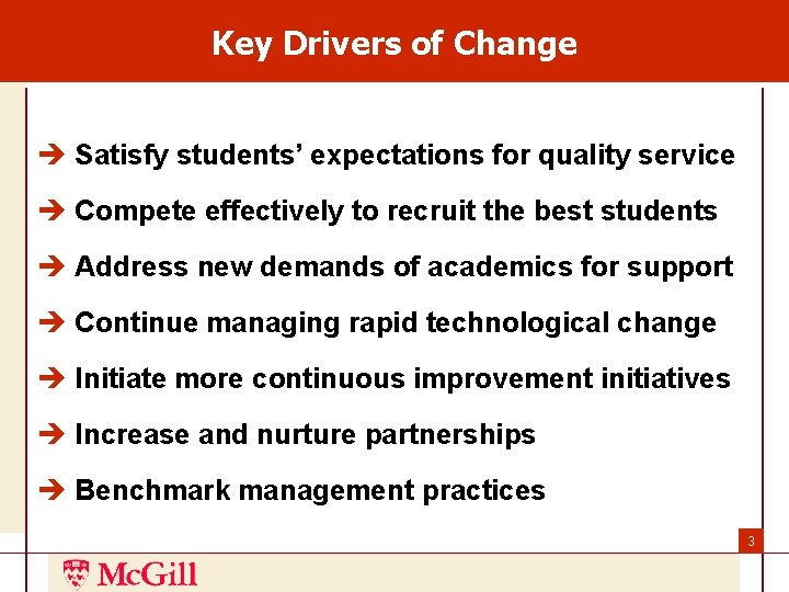 Key Drivers of Change è Satisfy students’ expectations for quality service è Compete effectively Key Drivers of Change è Satisfy students’ expectations for quality service è Compete effectively