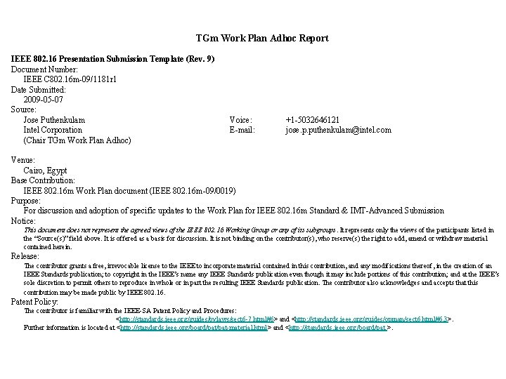 TGm Work Plan Adhoc Report IEEE 802. 16 Presentation Submission Template (Rev. 9) Document