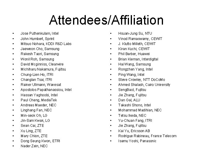 Attendees/Affiliation • • • • • • Jose Puthenkulam, Intel John Humbert, Sprint Mitsuo