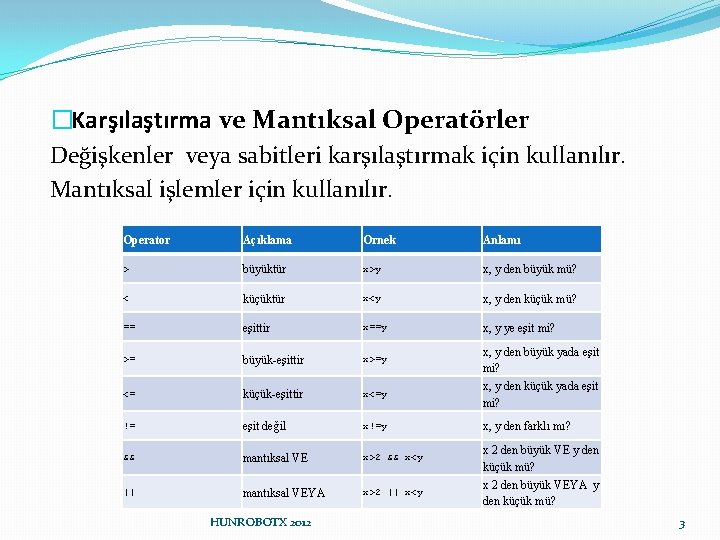 �Karşılaştırma ve Mantıksal Operatörler Değişkenler veya sabitleri karşılaştırmak için kullanılır. Mantıksal işlemler için kullanılır.