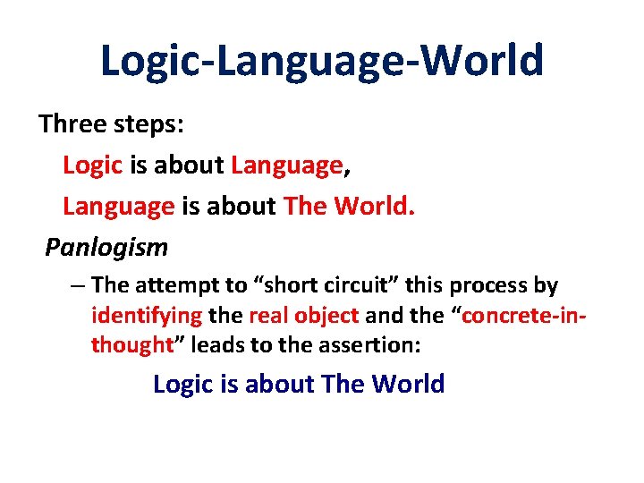 Logic-Language-World Three steps: Logic is about Language, Language is about The World. Panlogism –