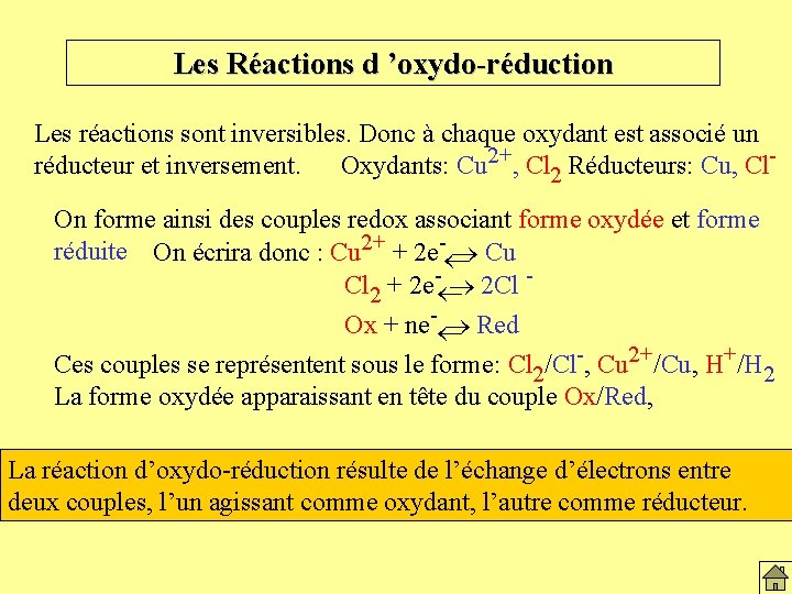 Les Réactions d ’oxydo-réduction Les réactions sont inversibles. Donc à chaque oxydant est associé