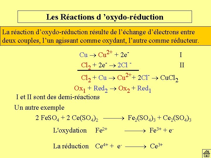 Les Réactions d ’oxydo-réduction La réaction d’oxydo-réduction résulte de l’échange d’électrons entre deux couples,