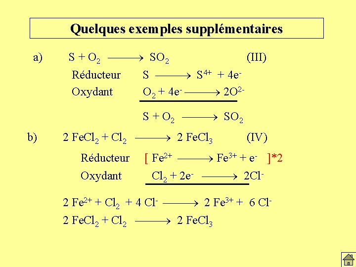 Quelques exemples supplémentaires a) S + O 2 ¾¾ SO 2 Réducteur Oxydant (III)