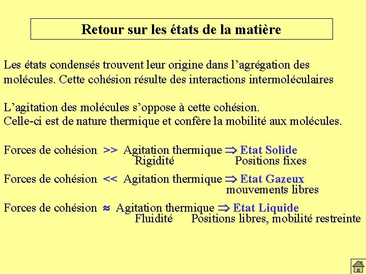 Retour sur les états de la matière Les états condensés trouvent leur origine dans