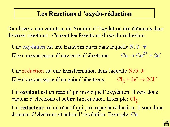 Les Réactions d ’oxydo-réduction On observe une variation du Nombre d’Oxydation des éléments dans