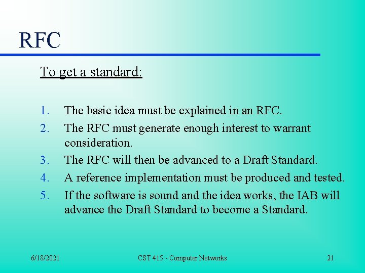 RFC To get a standard: 1. 2. 3. 4. 5. 6/18/2021 The basic idea