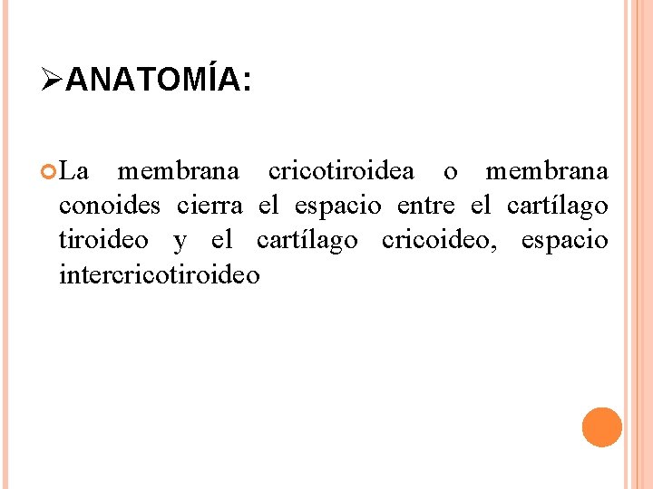 ØANATOMÍA: La membrana cricotiroidea o membrana conoides cierra el espacio entre el cartílago tiroideo ØANATOMÍA: La membrana cricotiroidea o membrana conoides cierra el espacio entre el cartílago tiroideo