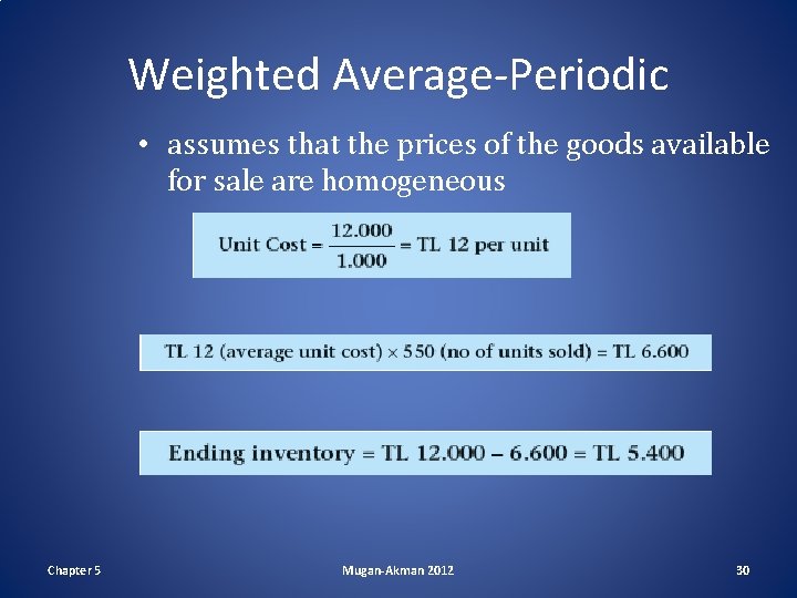 Weighted Average-Periodic • assumes that the prices of the goods available for sale are