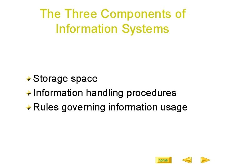 The Three Components of Information Systems Storage space Information handling procedures Rules governing information