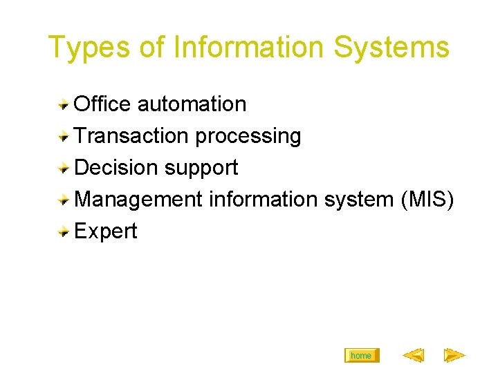 Types of Information Systems Office automation Transaction processing Decision support Management information system (MIS)