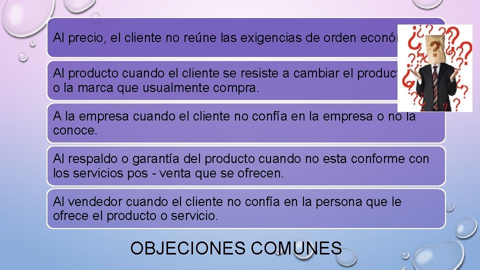 Al precio, el cliente no reúne las exigencias de orden económico Al producto cuando