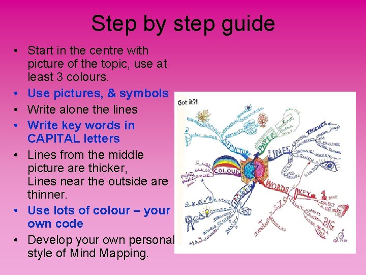 Step by step guide • Start in the centre with picture of the topic,