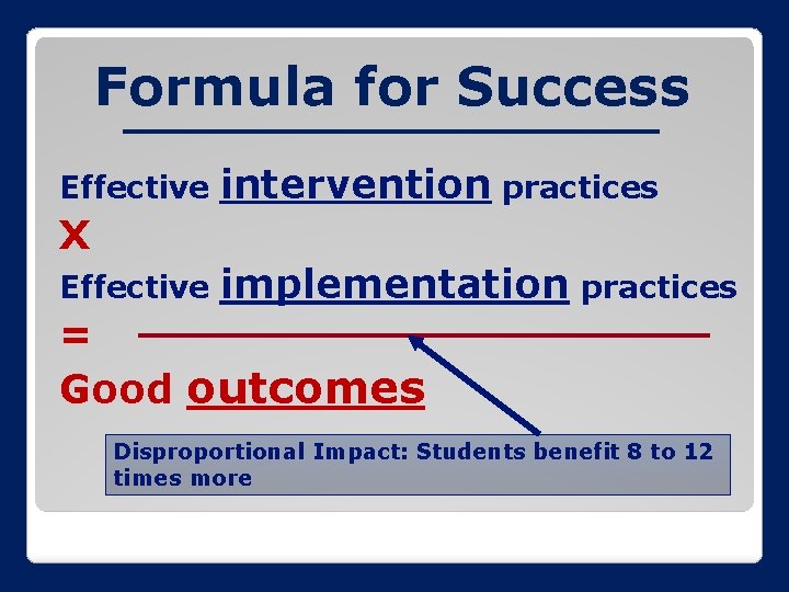 Formula for Success Effective intervention practices X Effective implementation practices = Good outcomes Disproportional