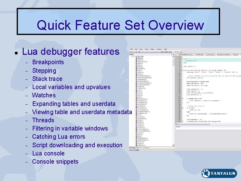 Quick Feature Set Overview Lua debugger features Breakpoints Stepping Stack trace Local variables and