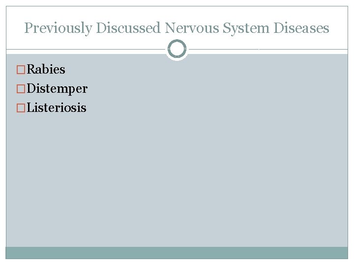 Previously Discussed Nervous System Diseases �Rabies �Distemper �Listeriosis 