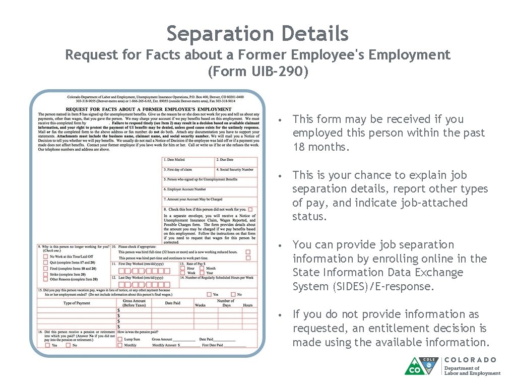 Separation Details Request for Facts about a Former Employee's Employment (Form UIB-290) • This