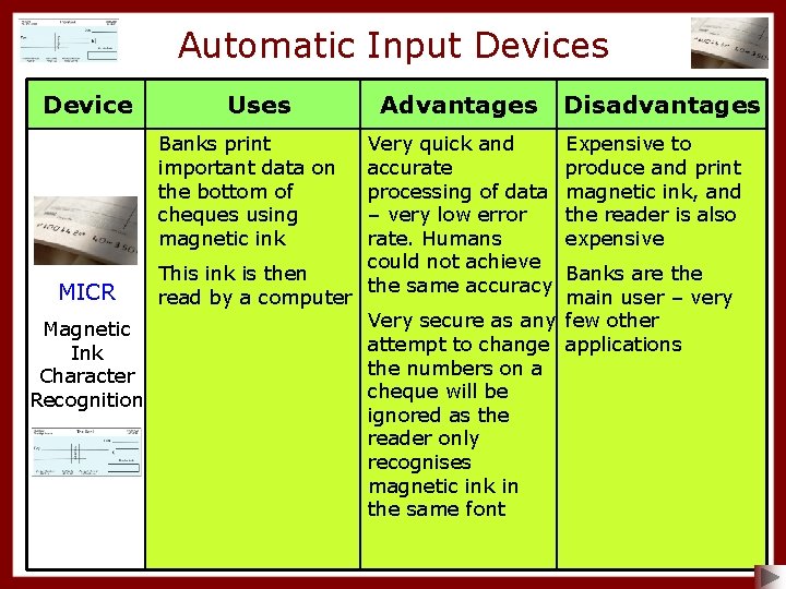 Automatic Input Devices Device Uses Banks print important data on the bottom of cheques