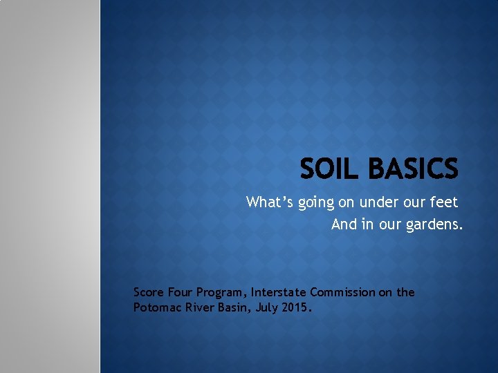SOIL BASICS What’s going on under our feet And in our gardens. Score Four