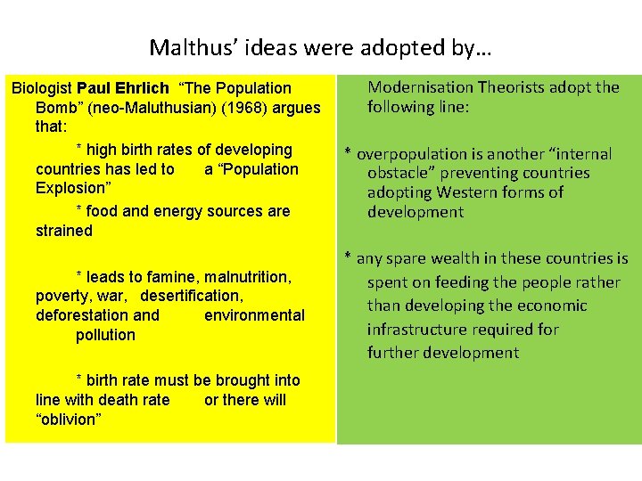 Malthus’ ideas were adopted by… Biologist Paul Ehrlich “The Population Bomb” (neo-Maluthusian) (1968) argues