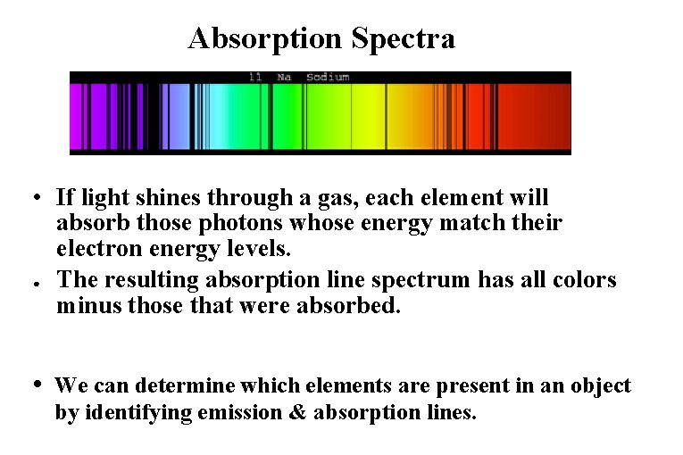 Absorption Spectra • If light shines through a gas, each element will absorb those