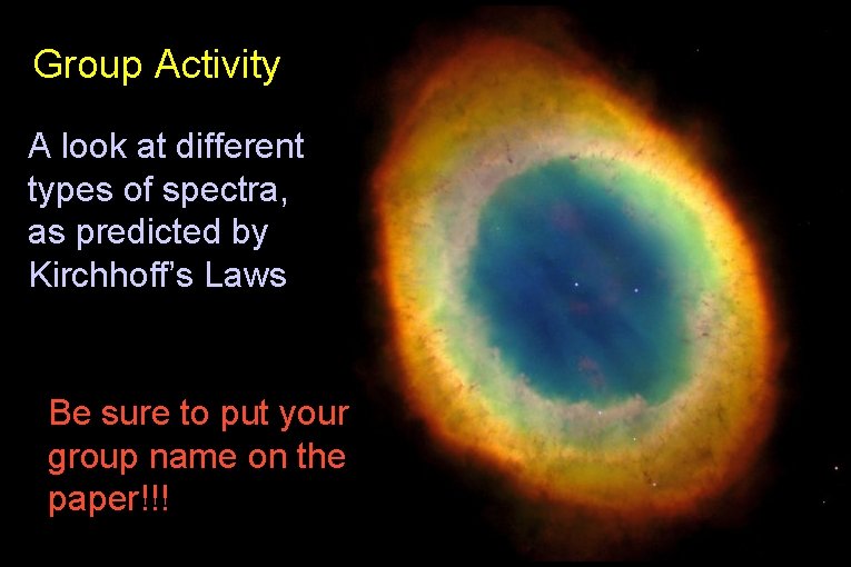 Group Activity A look at different types of spectra, as predicted by Kirchhoff’s Laws