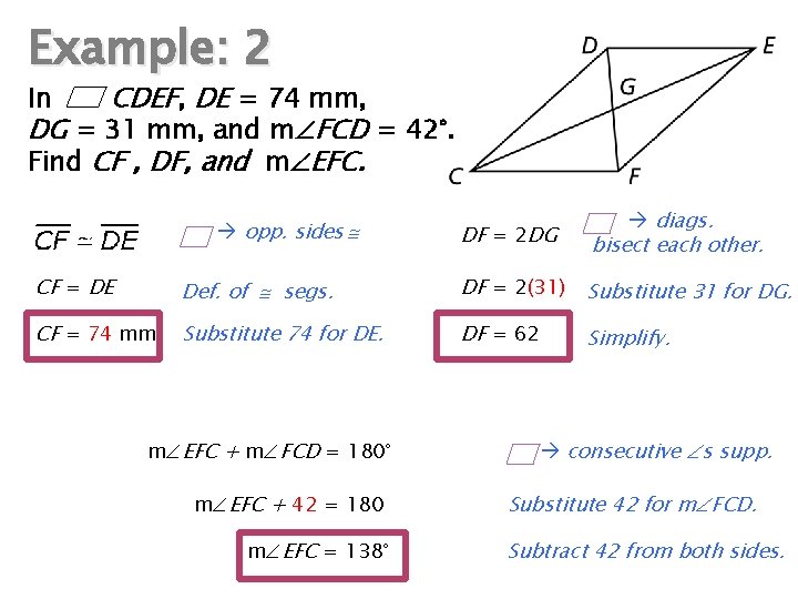 Example: 2 CDEF, DE = 74 mm, DG = 31 mm, and m FCD