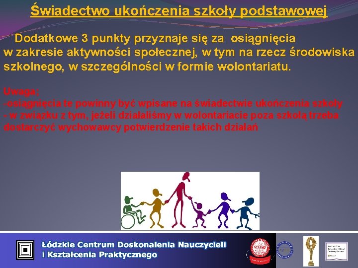 Świadectwo ukończenia szkoły podstawowej Dodatkowe 3 punkty przyznaje się za osiągnięcia w zakresie aktywności