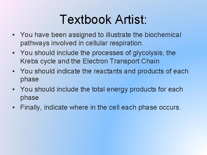 Textbook Artist: • You have been assigned to illustrate the biochemical pathways involved in