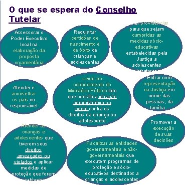 O que se espera do Conselho Tutelar Tomar providências Assessorar o Poder Executivo local