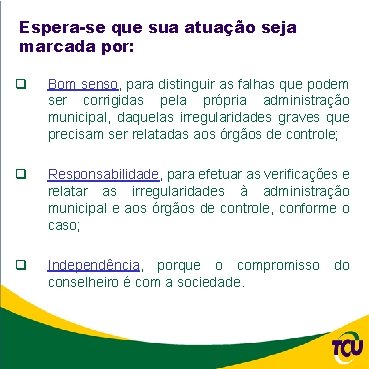 Espera-se que sua atuação seja marcada por: q Bom senso, para distinguir as falhas